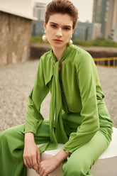 Verdant Vogue Tie-Neck Blouse